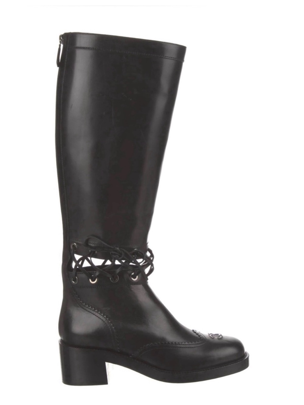 CHANEL Black Leather Knee High Lace Detail riding Boot Runway Fall 2016